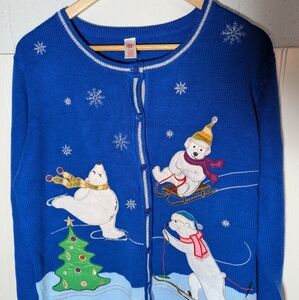 Blue Polar Bear Holiday Sweater Ugly Christmas L Button Up